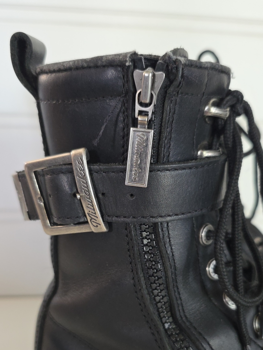 Milwaukee Trooper Black Leather Lace Up Buckle Motorcycle Biker Boots Mens 8.5D - Picture 2 of 16